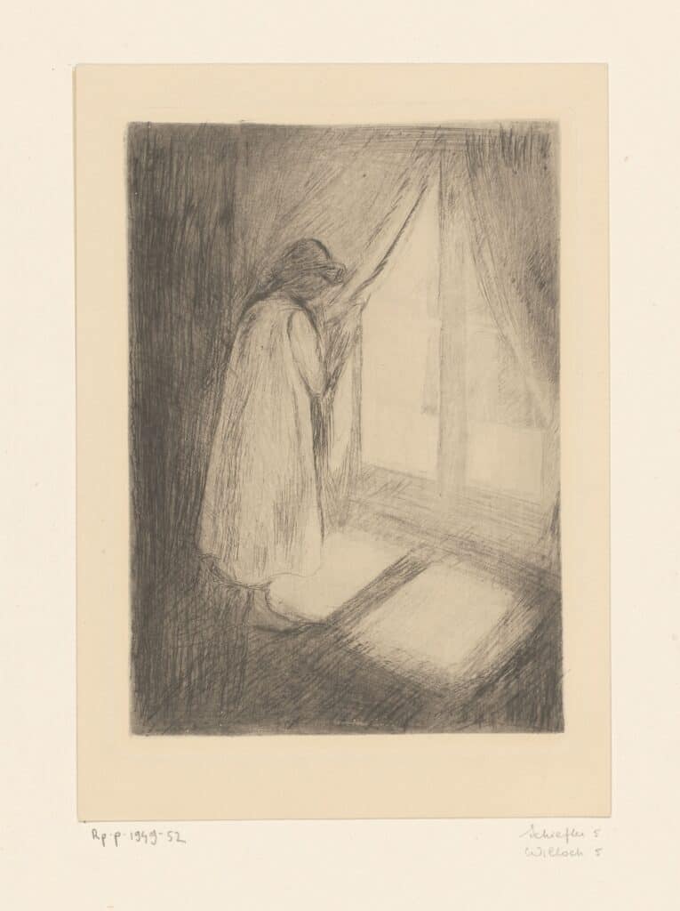 Edvard Munch, a woman looks out a window, another piece of art about a liminal space
